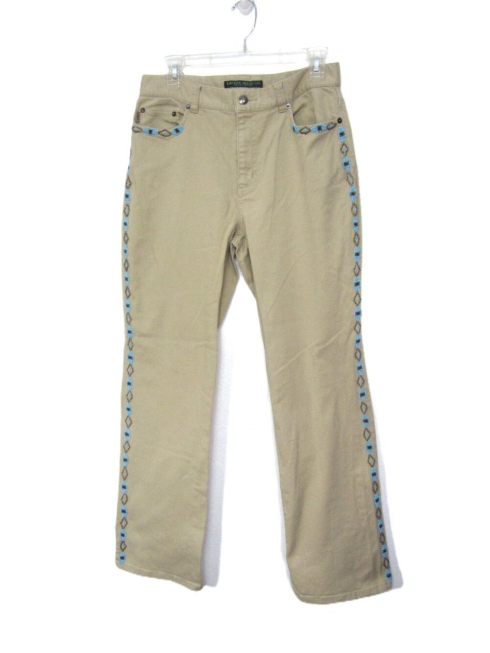 LRL Lauren Ralph Lauren Sz 8 Vintage Beige Jeans Southwest Beaded Straight Leg